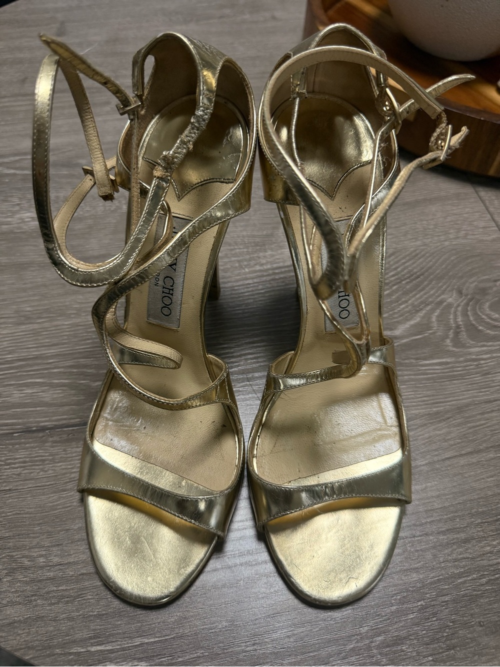 Jimmy Choo Metallic Gold Ankle-Strap High Heels